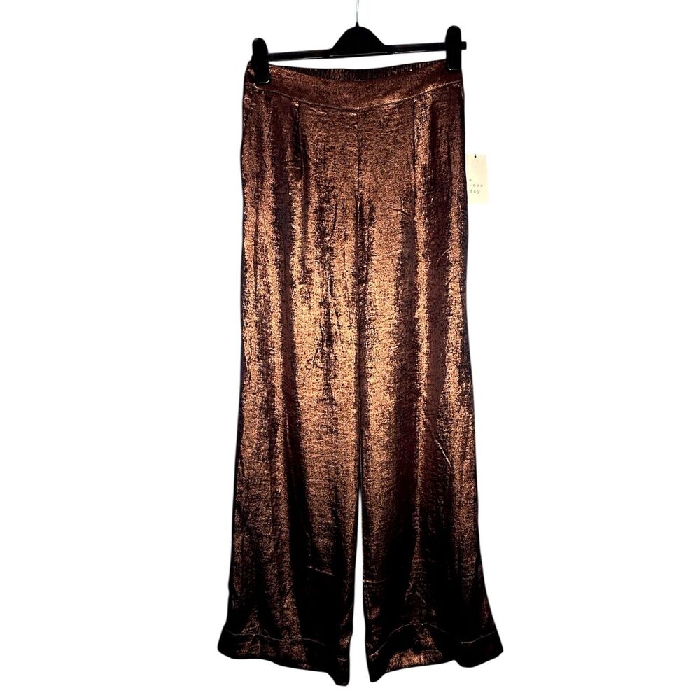 A New Day Womens Metallic Wide Leg Trouser Pants S Copper NWT High Rise Shimmer